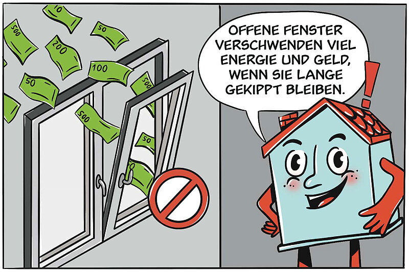 Offene Fenster verschwenden viel Energie und Geld, wenn sie lange gekippt bleiben.