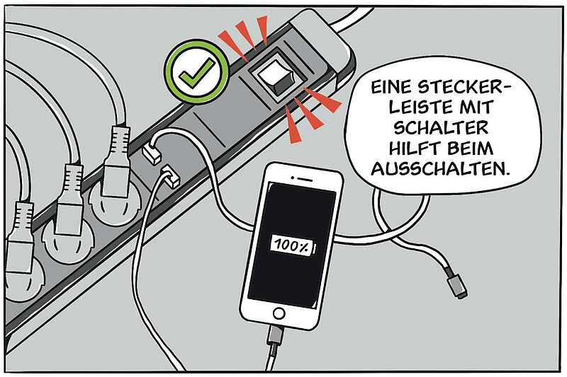 Eine Steckerleiste mit Schalter hilft beim Ausschalten.